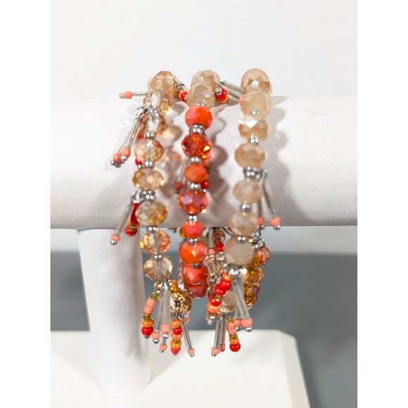 Beachy Boho Orange Glass Bead Charm Flex Coil Wire Wrap Braclet 7" - Picture 1 of 7
